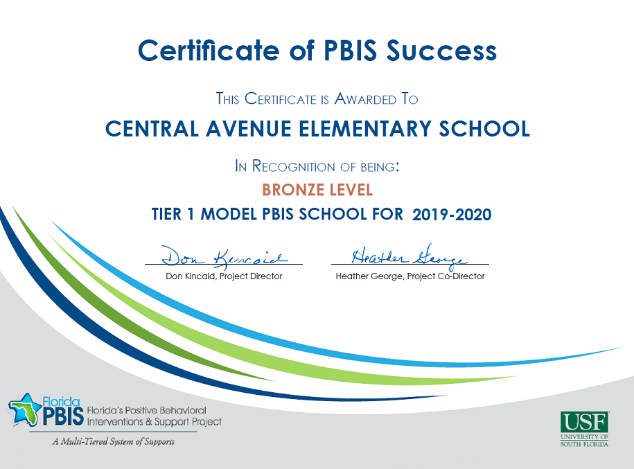 Certificate of PBIS Success for Central Avenue Elementary School - Bronze Award